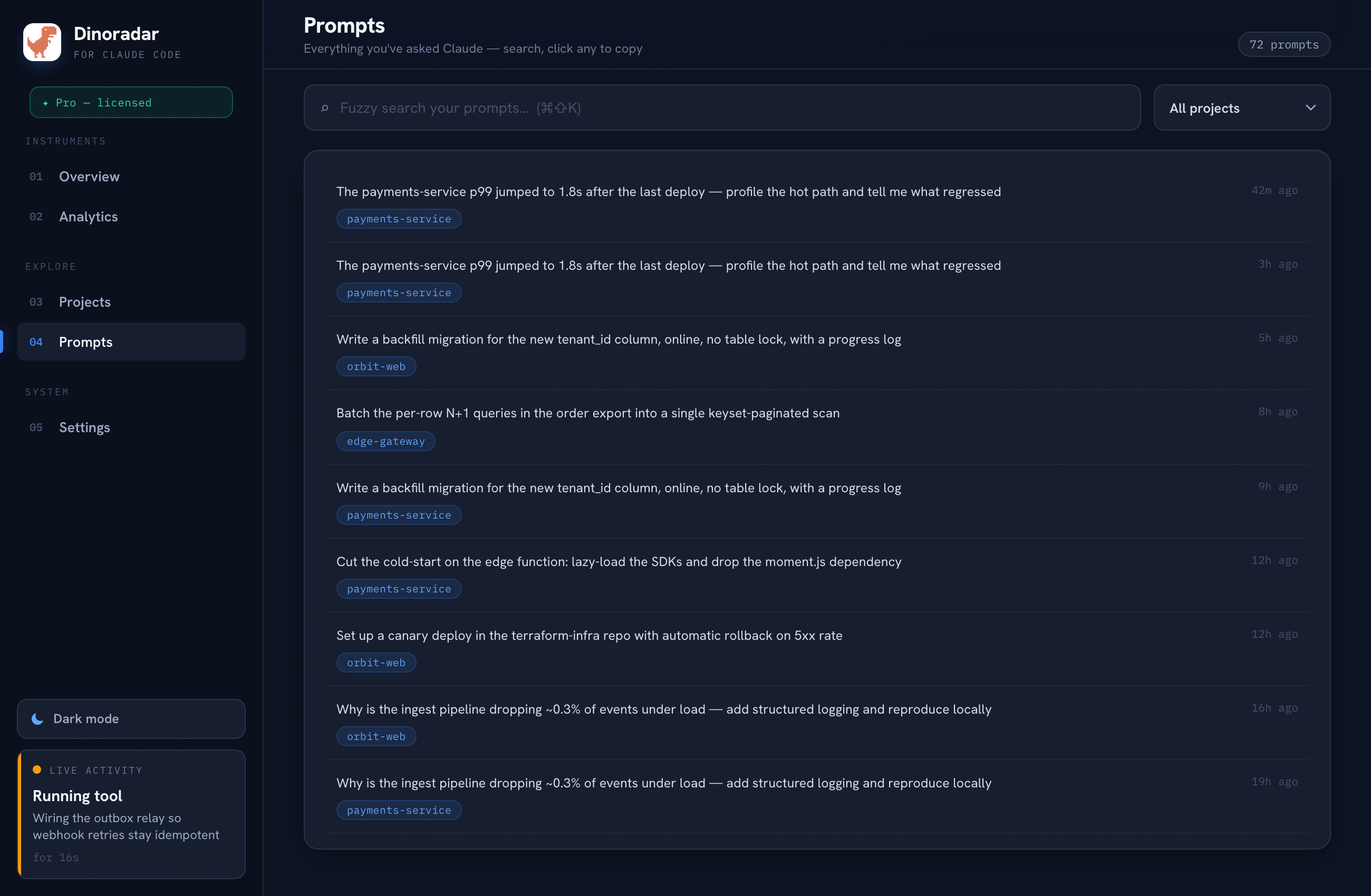 Dinoradar prompts — every Claude Code prompt, fuzzy-searchable